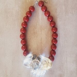 Elegant Red Beaded Necklace with Silver Floral Accent